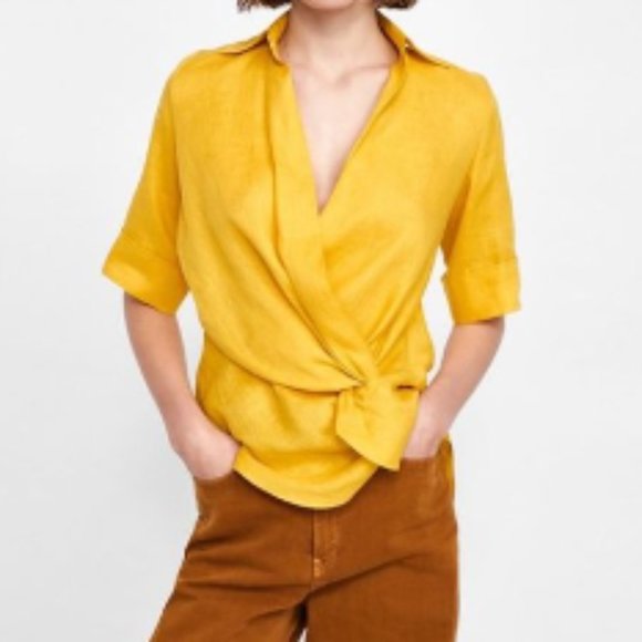 Zara Tops - Zara Draped Linen Twist Front Shirt Top Blouse Mustard Yellow